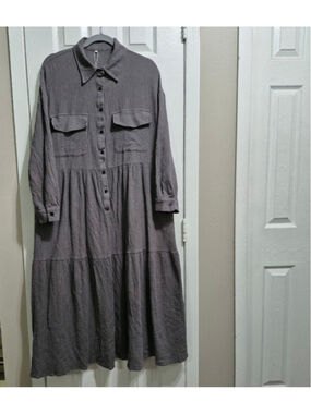 Women's MODESEES Gray Long Sleeve Tiered Midi Dress M